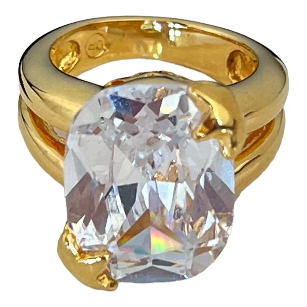 New Gold Tone Cubic Zirconia Ring Large Oval Cocktail Statement Size 5 - 5K